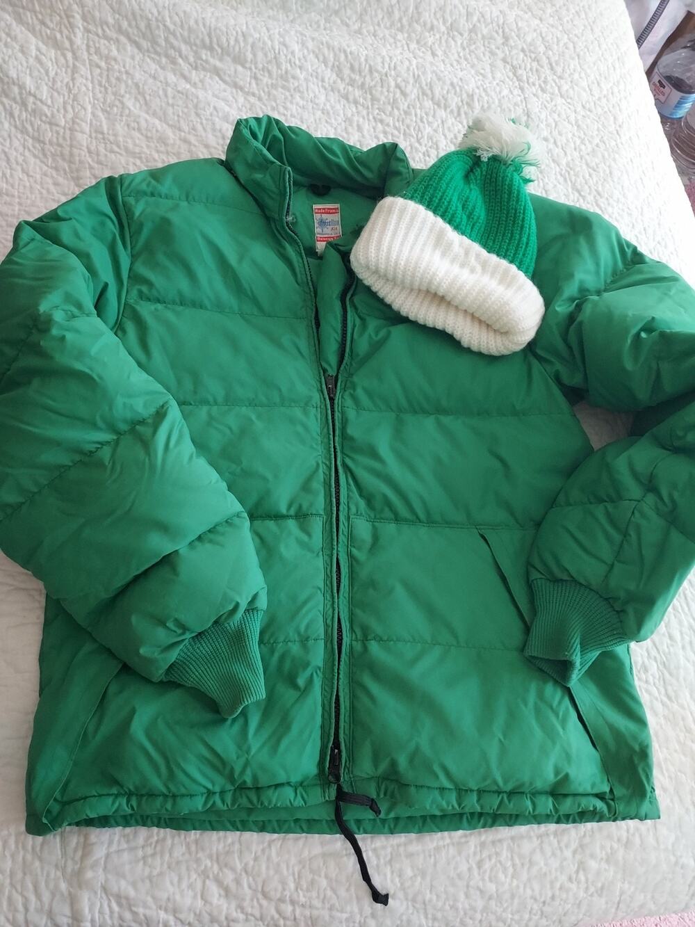 Frontline Kit Down Jacket Women's Unisex size S zip w/ knit hat 70's Green GUC